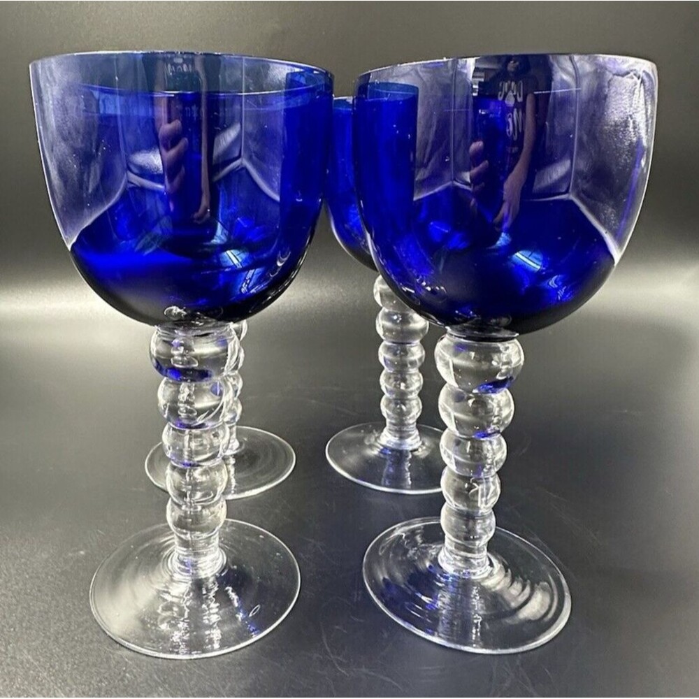 Stunning Cobalt Blue Drinking Glasses with Clear Ball Stems Set of 4 Glasses - Picture 4 of 7